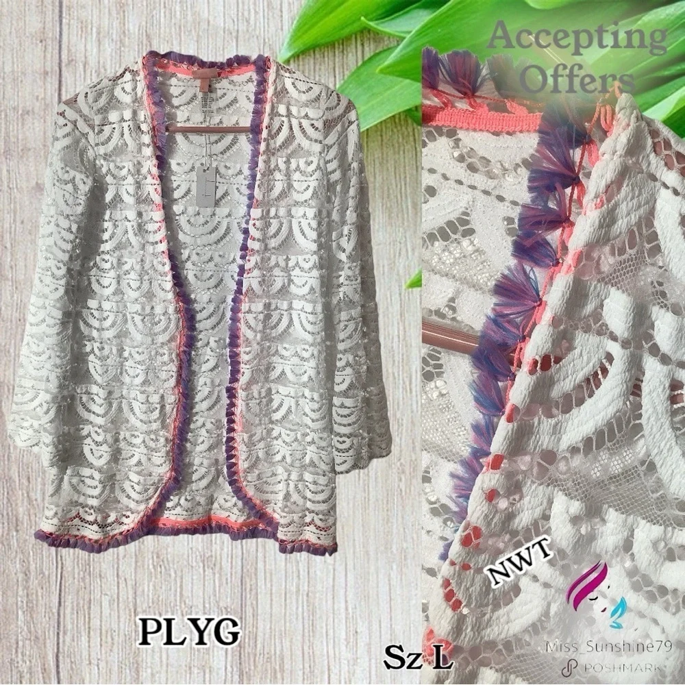 PILYQ NEW - Sz L - White Lace Cardigan with Pink and Purple Tassel Trim